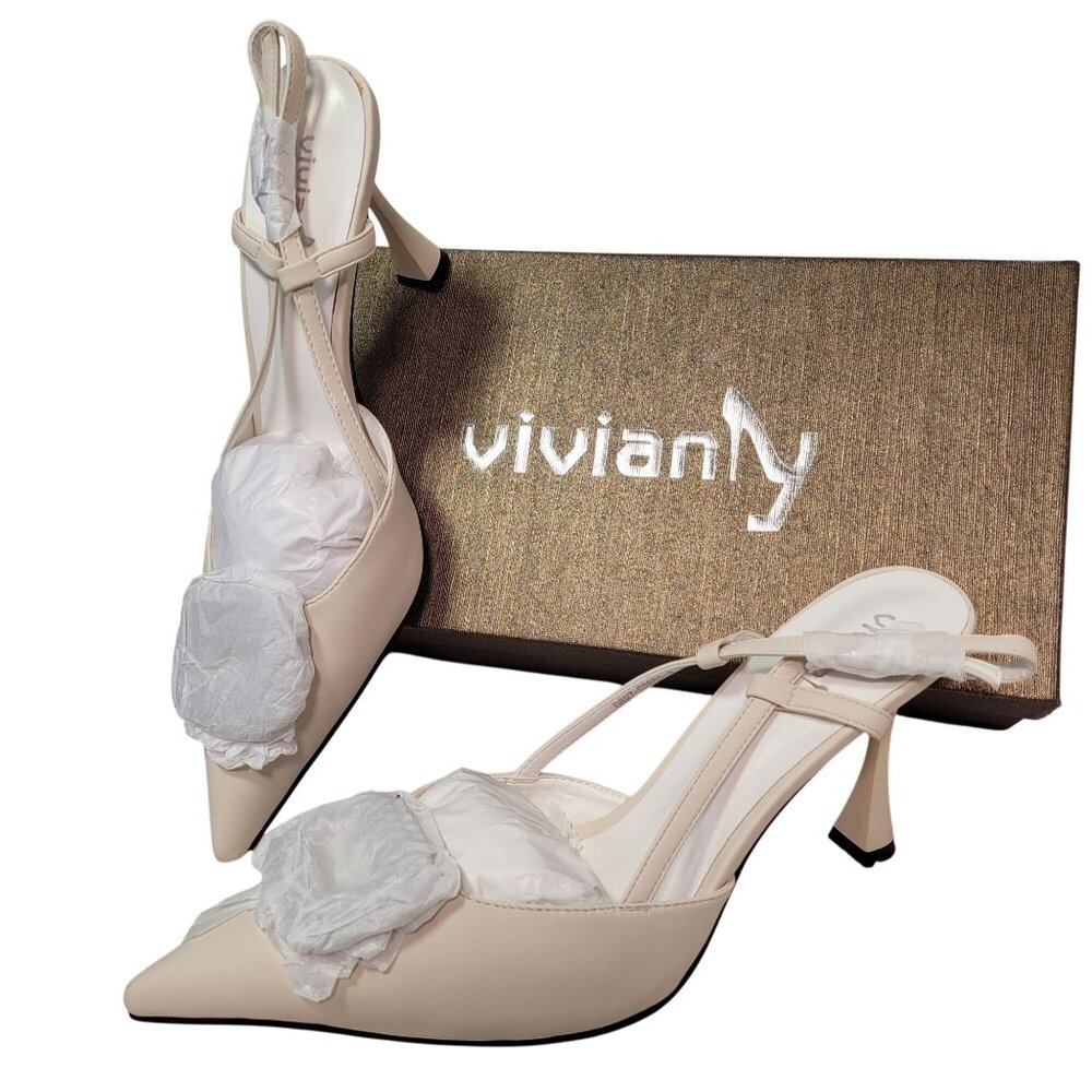 Vivianly Women's Beige Pointed Toe Slingback Stiletto Heels With Rhinestone 10